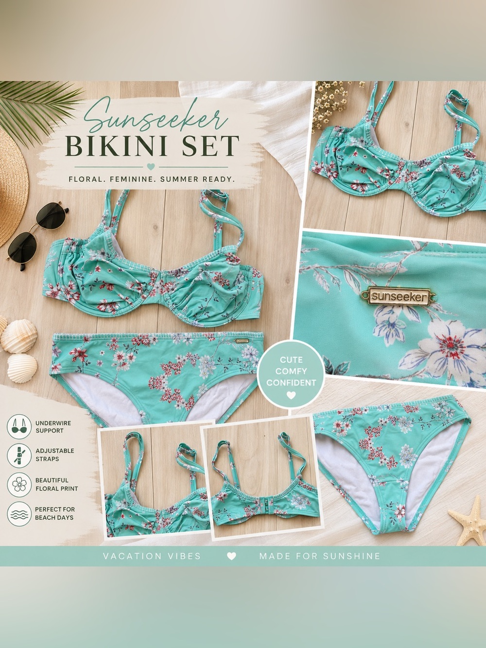 Sunseeker Mint Floral Bikini Set Underwire Top High Cut Bottoms Swimwear